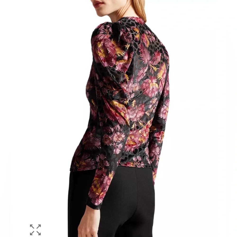 Ted Baker London Ettya Plunge Neck Puff Sleeve Burnout Velvet Top Maximalist